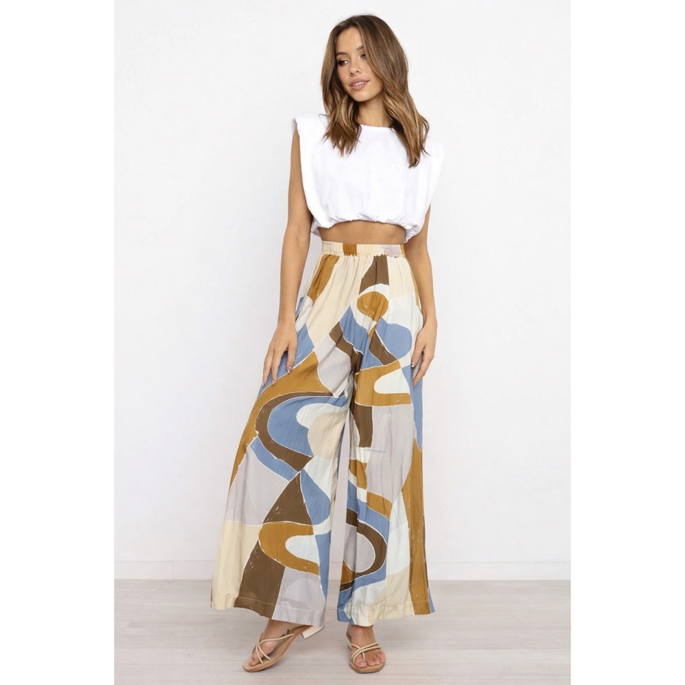 Jucca Abstract Geometric Print Wide Leg Pant Blue Ochre Italy Tg 44IT/8-10US NEW